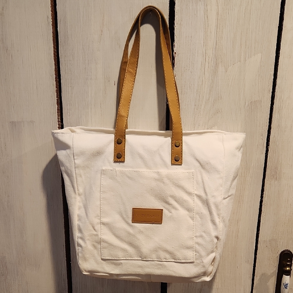 Cozy Earth White and Tan Canvas Tote Bag